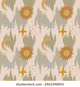 Modern ikat ogee pattern with sun, moon. Contemporary style graphic.