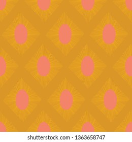 Modern Ikat seamless vector pattern gold yellow pink. Abstract rhombus shapes repeating background.