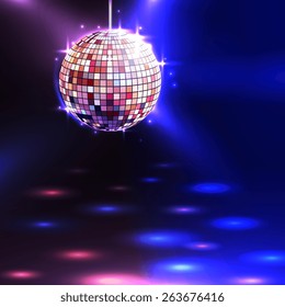 Modern illuminating disco ball sphere with spotlights disco background vector illustration