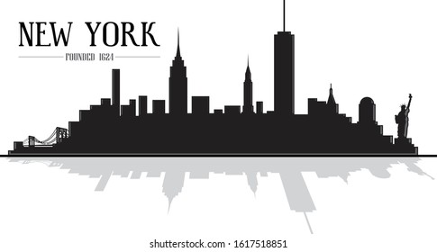 Modern illustrated black and white vector city of New York skyline silhouette with reflection graphic design icon logo template easy to edit