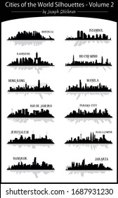 Modern illustrated cities of the World volume 2 vector skyline silhouette graphics in black and white easy to edit