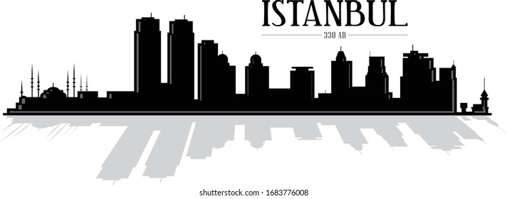 Modern illustrated city of Istanbul Turkey vector graphic skyline silhouette with reflection in black and white easy to edit