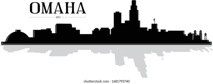 Modern illustrated city of Omaha Nebraska skyline silhouette vector image in black and white with reflection easy to edit
