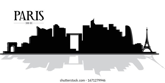 Modern illustrated city of Paris France vector skyline silhouette with shadow reflection in black and white easy to edit