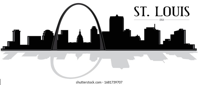 Modern illustrated city of St. Louis Missouri vector skyline silhouette graphic illustration in black and white with reflection easy to edit 