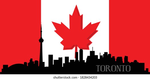 Modern Illustrated city of Toronto Canada buildings skyline silhouette with national Canadian flag in background. Illustrator eps vector graphic design.