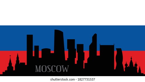 Modern illustrated design city of Moscow Russia downtown skyline silhouette with white, blue and red striped national flag background. Illustrator eps vector graphic.