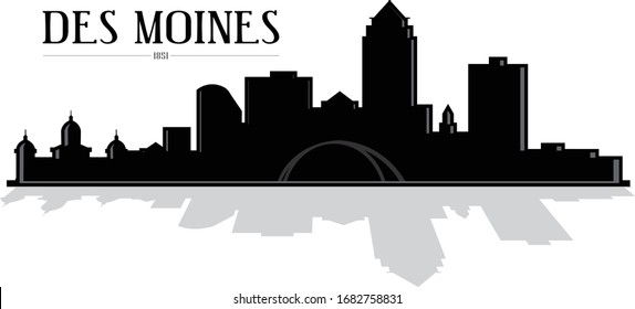 Modern illustrated design of Des Moines Iowa capital city skyline silhouette vector graphic in black and white with reflection easy to edit