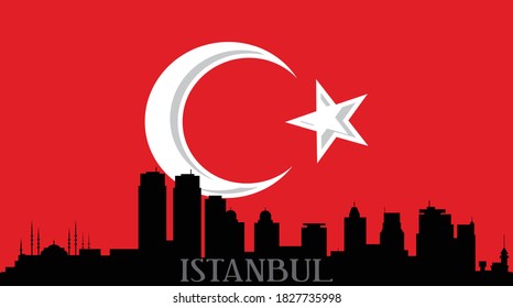 Modern illustrated design of Istanbul Turkey downtown building skyline silhouette with red and white national flag including crescent moon and star symbol. Illustrator eps vector graphic.