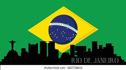 Modern illustrated design of skyline silhouette of Rio De Janeiro Brazil with national flag and symbol in background. Multi color green, yellow, blue, white and black. Illustrator eps vector graphic.