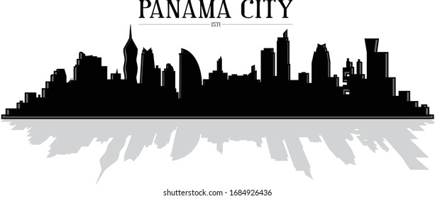 Modern illustrated Panama City skyline silhouette vector graphic with reflection in black and white easy to edit