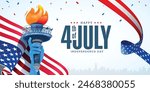 Modern illustration of 4th of July independence day greeting banner background template with usa flag and ribbon, statue of liberty hand torch on white background. Vector design. 
