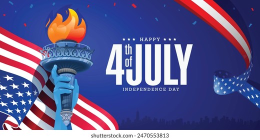 Modern illustration of 4th of July independence day greeting banner background template with usa flag and ribbon, statue of liberty hand torch on dark blue background. Vector design. 