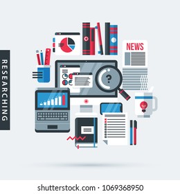 Modern illustration about researching in flat design style on gray background. Desktop computer, laptop, big magnifier, newspapers, books, office tools
