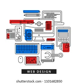 Modern illustration about web design in outline flat style on white background. Drawing tools, computer, pictures, notebook