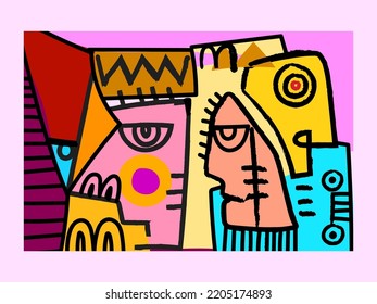 Modern illustration abstract face portrait man, woman, hand drawing colorful vector. Surreal figure design.