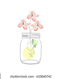 Modern illustration with abstract flowers and mason jar isolated on white background