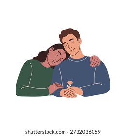 Modern illustration of an affectionate young couple embracing peacefully, resting their heads together while gently holding a small flower in their hands, symbolizing tender love and care.