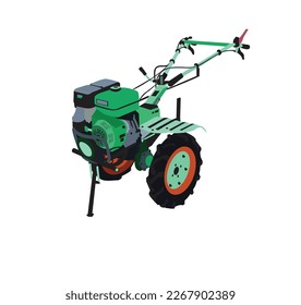 ilustración moderna de un tractor agrícola asiático, arte vectorial. Icono de arado Motoblock en estilo de línea negra plana, aislado en fondo blanco. Juego de iconos planos del tractor de mano detrás. 