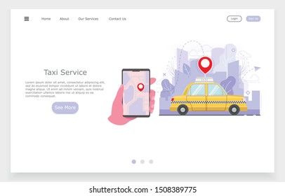 Modern illustration for banner design. Yellow car taxi. Online application. 