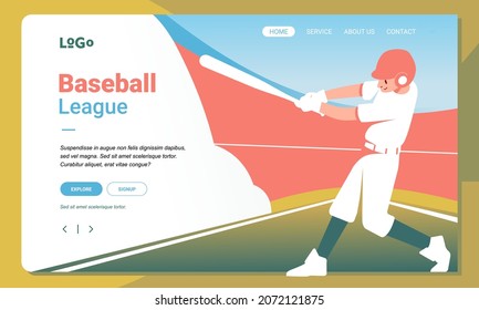 Modern illustration of baseball player as landing page design template for website and app