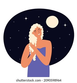 Modern illustration of a beautiful woman with blonde hair against the night sky. A happy woman takes care of herself, different beauty. Vector illustration in cartoon style flat on a white background