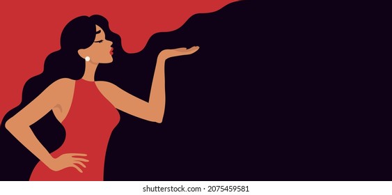 Modern illustration of beautiful woman with long curly hair in profile. Brunette on red background Template for cards, greetings, flyer, banner for beauty salon, hair salon or Women's Day, 8th March. 