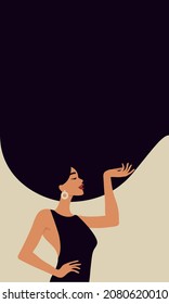 Modern illustration of beautiful woman with long dark hair. Template for cards, greetings, flyer, banner for beauty salon, hair salon or Women's Day, 8th March. 