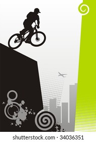 Modern illustration with the bicyclist. It carries out a dangerous trick. On a distance shot skyscrapers are visible.