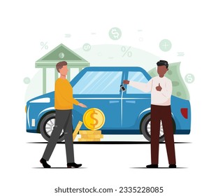 Modern illustration of a black male employee handing over the car keys to the buyer in the showroom. Car purchase, insurance, rental car, credit concept illustration with two men. 
