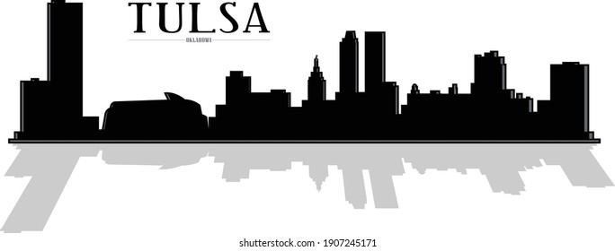 Modern illustration of black and white downtown buildings skyline silhouette city of Tulsa Oklahoma with shadow reflection. Illustrator eps vector graphic design.  