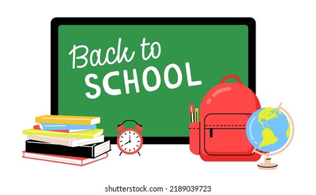 A modern illustration of a blackboard, backpack, books, globe and alarm clock. Background back to school