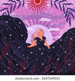 modern illustration in boho country style with elements of astrology and tarot. female character and constellations