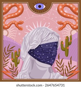 modern illustration in boho country style with elements of astrology and tarot. female character and constellations	