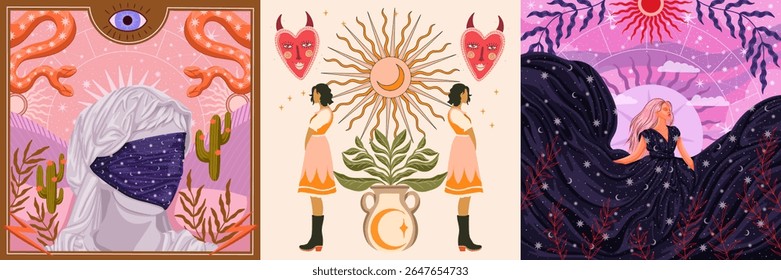modern illustration in boho country style with elements of astrology and tarot. female character and constellations	