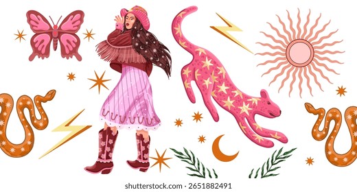 modern illustration in boho country style with elements of astrology and tarot. female character and constellations	
