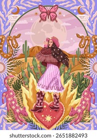 modern illustration in boho country style with elements of astrology and tarot. female character and constellations	
