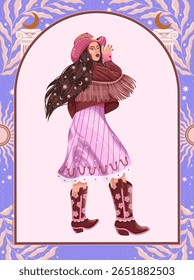 modern illustration in boho country style with elements of astrology and tarot. female character and constellations	

