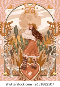 modern illustration in boho country style with elements of astrology and tarot. female character and constellations	
