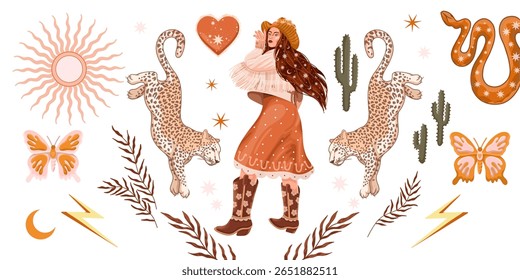 modern illustration in boho country style with elements of astrology and tarot. female character and constellations	
