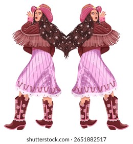 modern illustration in boho country style with elements of astrology and tarot. female character and constellations	
