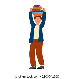  Modern illustration of book lover, reader, literature fan isolated on white background. Mаn holding books on his head. Vector flat design