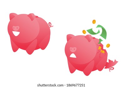 Modern illustration of a broken piggy bank with money on a white background. Deferred cash, broken piggy bank.