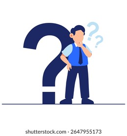 Ilustração moderna de um homem de negócios ponderando questões, refletindo sobre ideias e possíveis soluções