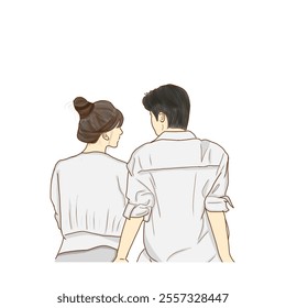 A modern illustration capturing the warm bond of a young couple, viewed from behind. They wear casual attire, evoking fondness and togetherness on a relaxed day.