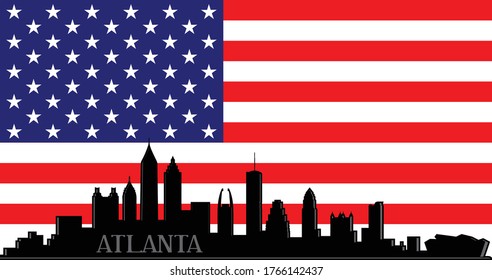 Modern illustration of the city of Atlanta Georgia downtown buildings skyline silhouette with American flag red, white and blue stars and stripes background Illustrator 10 eps vector graphic design