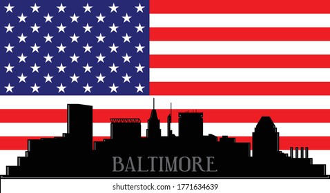Modern illustration of the city of Baltimore Maryland downtown buildings skyline silhouette with red, white and blue stars and stripes American flag background Illustrator 10 eps vector graphic design