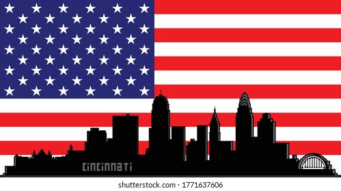 Modern illustration of the city of Cincinnati Ohio downtown buildings skyline silhouette with red, white and blue stars and stripes American flag background Illustrator 10 eps vector graphic design