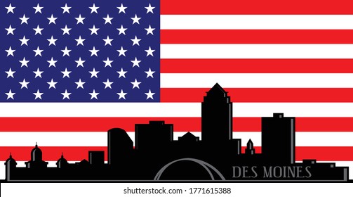 Modern illustration of the city DesMoines Iowa downtown buildings skyline silhouette with red, white and blue stars and stripes American flag background Illustrator 10 eps vector graphic design