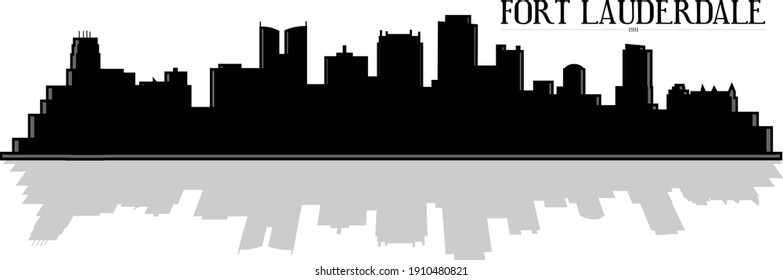 Modern illustration of the city of Fort Lauderdale Florida downtown buildings skyline silhouette in black and white with shadow reflection. Illustrator eps vector graphic design.